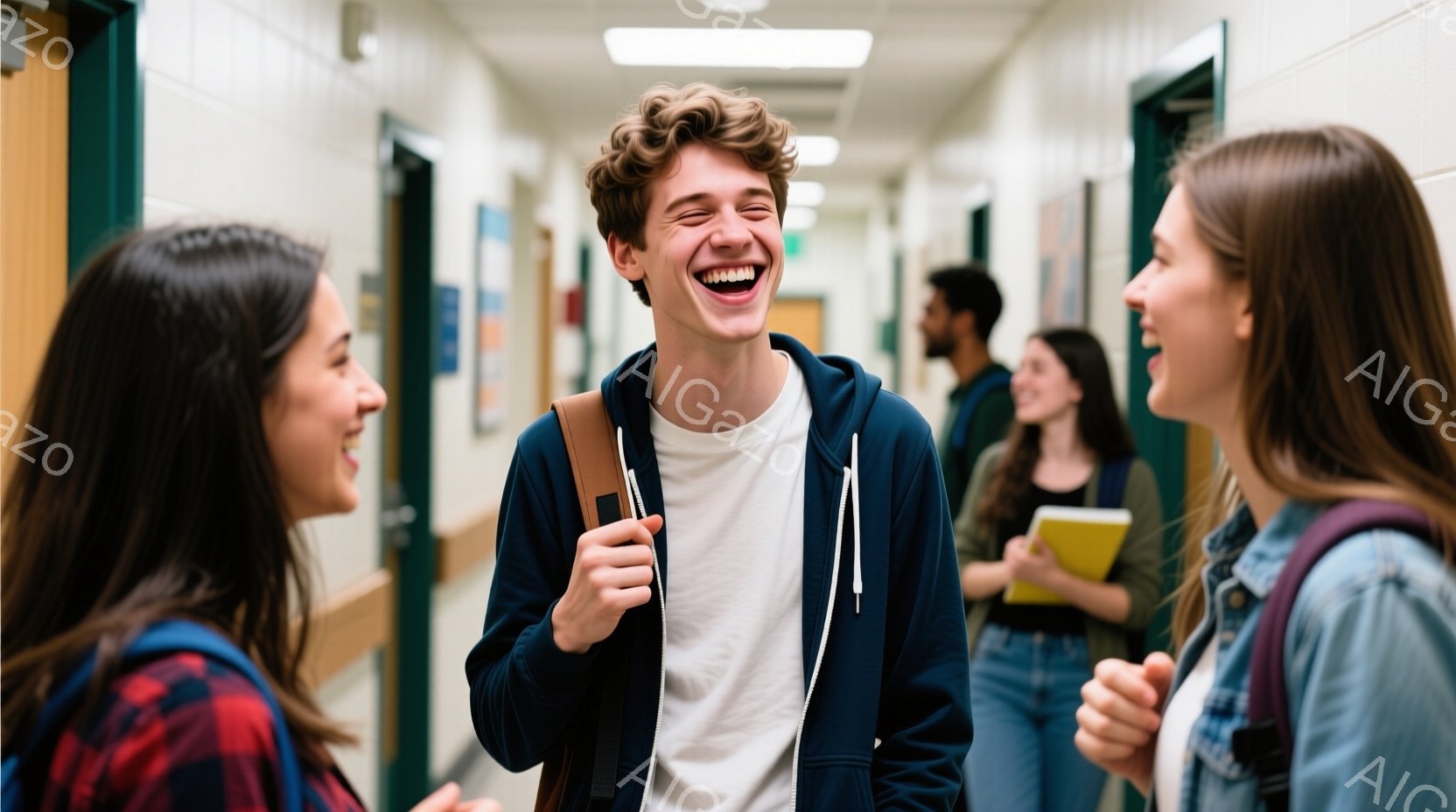 廊下で笑い合う若い男女が写っています。中央の青年は白いTシャツに紺色のパーカーを着ており、肩にリュックをかけて満面の笑みを浮かべています。左右の女性はそれぞれチェック柄のシャツと薄い水色のシャツを着て - AI生成フリー素材
