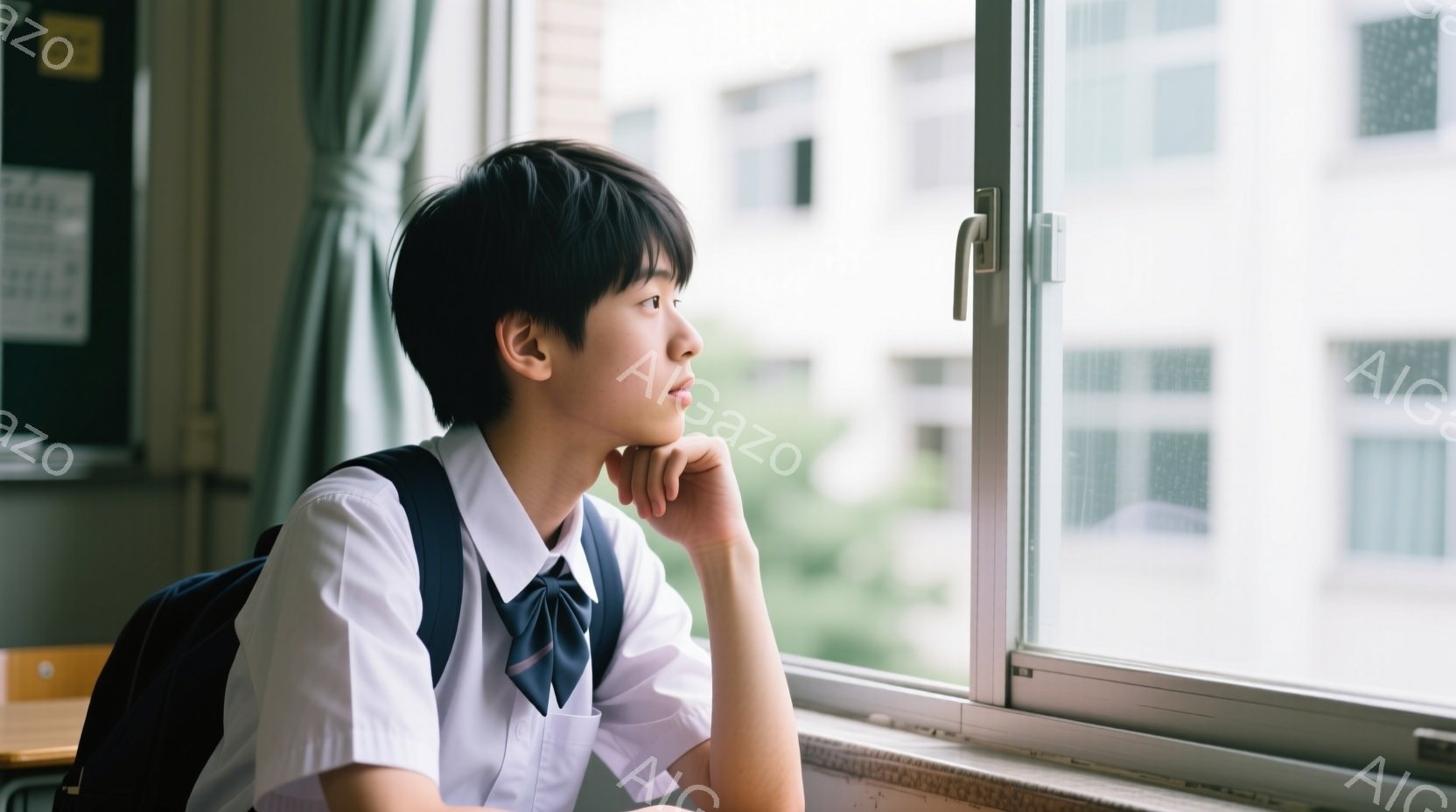 制服を着た男子学生が窓際に座り、顎に手を当てて物憂げな表情で外を見つめている。背景には高層ビルが見え、曇り空が広がっていることから、雨上がりか、または雨が降っている天候であることがわかる。教室の窓枠と制服姿から、学校の一室であることが推測され、少し寂しげで内省的な雰囲気が漂っている。