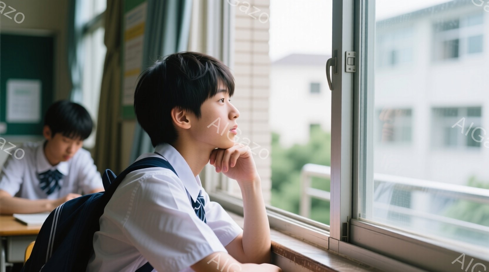 少年は窓際に座り、顎を支えて外を眺めている。彼は白いシャツにネクタイ、制服のような服装で、短く整髪された黒髪を持っている。背景には、緑豊かな木々が見える学校の教室があり、明るい日差しが差し込んでいる。