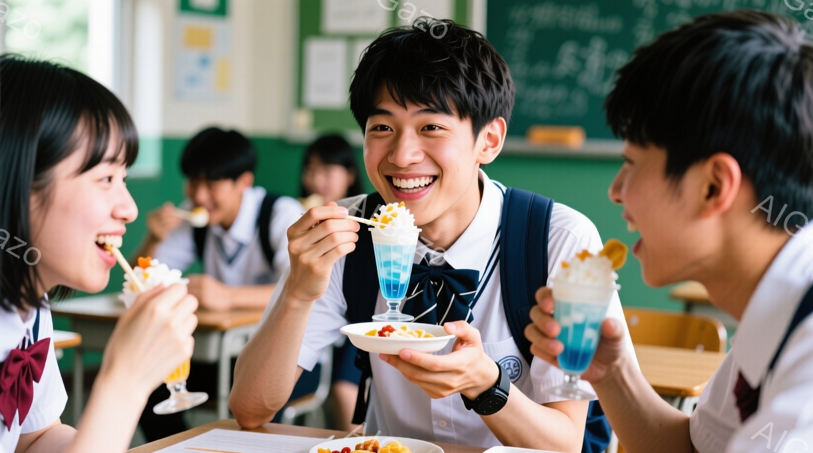 制服を着た高校生たちが教室でデザートを楽しんでいる様子が写っている。笑顔の男子生徒は青いデザートを手に持ち、隣にいる女子生徒はフォークでデザートを食べている。教室の奥には他の生徒たちもおり、明るい雰囲気の中でリラックスした時間が流れているようだ。