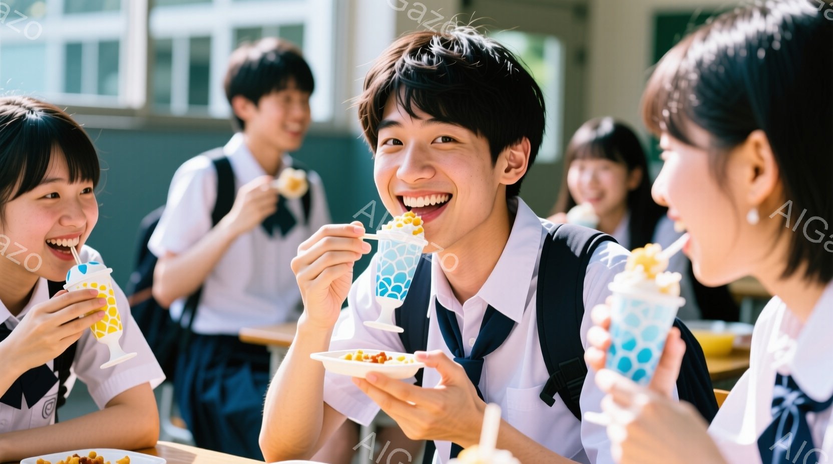 制服を着た若い男女が、デザートを楽しんでいます。特に、中央の男性は満面の笑みを浮かべ、青いグラスに入ったデザートを美味しそうに食べています。背景には、他の生徒と建物が見え、晴れた日の屋外で、明るく楽し - AI生成フリー素材