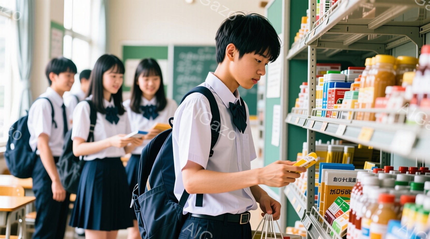 制服を着た男子生徒が、何かの商品のラベルを真剣な表情で確認している様子が描かれている。彼は紺色のブレザーに白いシャツ、ネクタイを着用し、リュックサックを背負っている。背景には、同じ制服を着た女子生徒が並び、商品棚が並ぶ室内で、購買か学用品店のような場所であることがわかる。