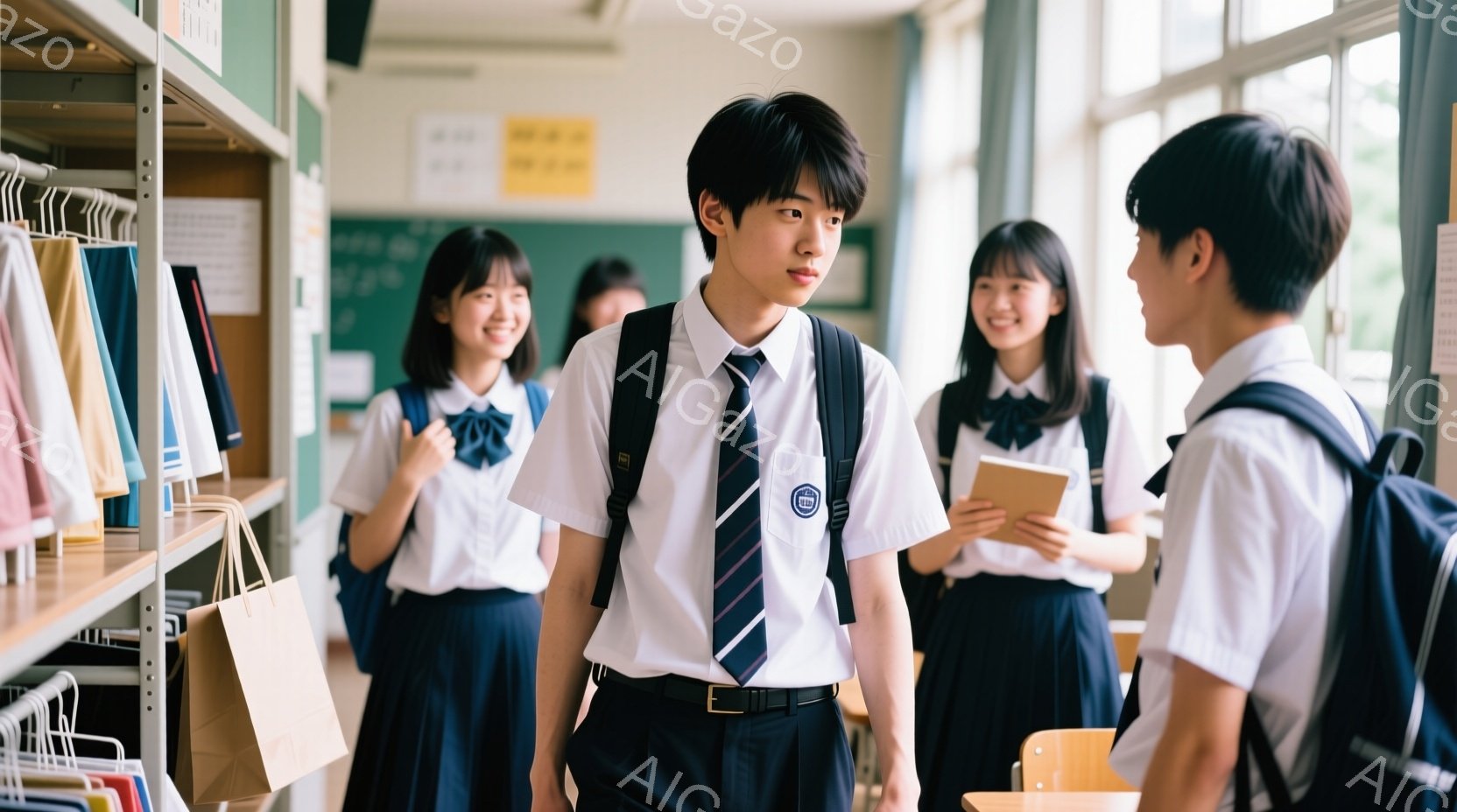 制服を着た男子生徒が廊下の真ん中に立っており、少し緊張した表情で正面を見ている。背景には同じ制服を着た女子生徒たちがおり、笑顔で彼を見ているかのように見える。教室の棚には様々な色の服が並べられ、明るい日差しが差し込み、学校の活気ある雰囲気を伝えている。