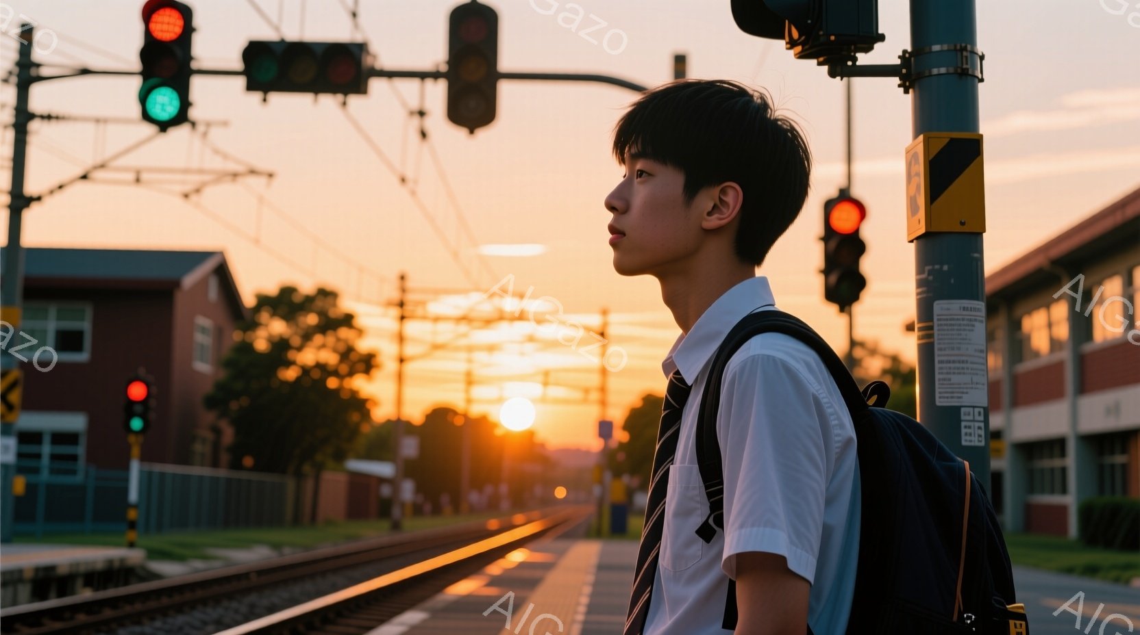 制服を着た若い男性が線路沿いのプラットフォームに立っており、夕焼けを背景に横顔を見せています。彼は紺色のリュックサックを背負い、整った髪型で、どこか物憂げな表情をしています。背景には鉄道の線路、駅舎、そして燃えるような夕焼け空が広がり、全体的に静かでノスタルジックな雰囲気を醸し出しています。
