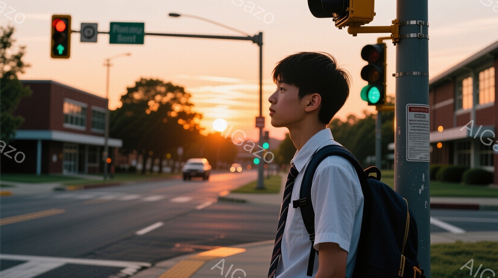 若い男性が横向きに立っており、紺色のリュックサックを背負い、白いシャツにネクタイという服装をしている。彼は横見えの姿勢で、遠くを見つめているように見える。背景には、空が夕焼けでオレンジ色に染まり、道路脇に建物が並んでいる様子が描かれており、穏やかで物憂げな雰囲気が漂っている。