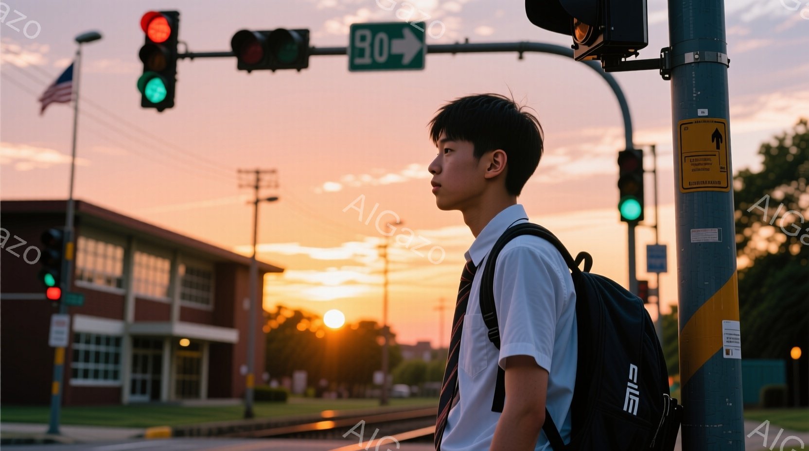 若い男性が、肩にバックパックを背負い、横を向いて夕焼け空を見つめている。彼は白いシャツを着ており、髪型は短く、少し無表情な様子が窺える。背景にはレンガ造りの建物とアメリカ国旗が見え、空はオレンジ色と赤色のグラデーションで、穏やかで少し物憂げな雰囲気を醸し出している。