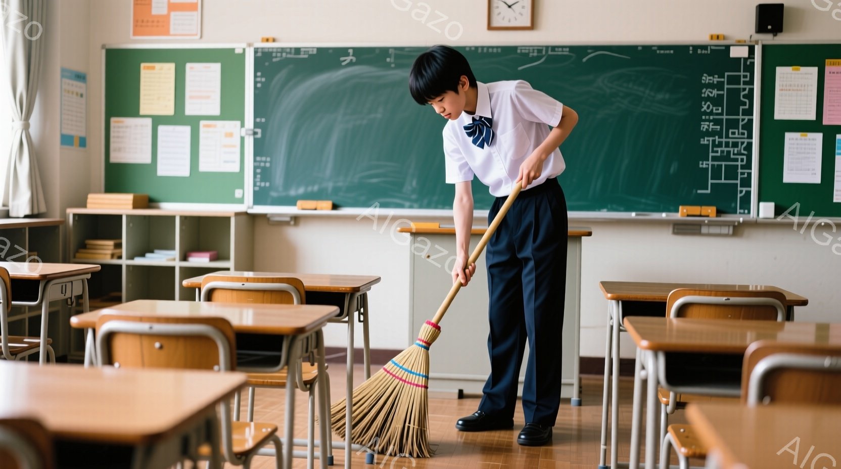 制服を着た少年が教室で掃き掃除をしている。少年は紺色のズボンと白のシャツを着ており、姿勢はまっすぐで、真剣な表情で床を掃いている。背景には木製の机と椅子が並び、黒板には文字や図が書かれており、明るく清 - AI生成フリー素材