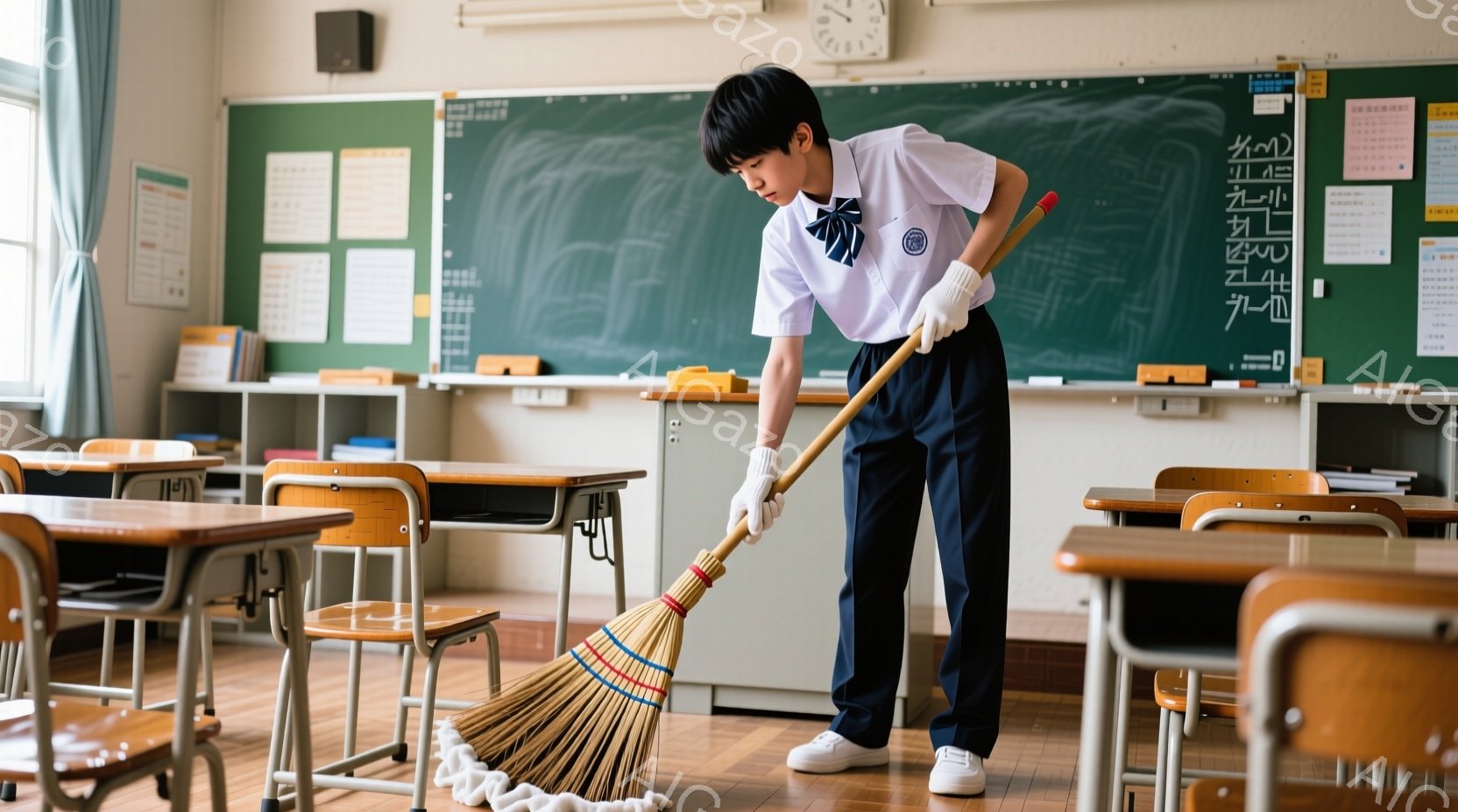 制服を着た男子生徒が教室でほうきで掃いている。彼は白いシャツに濃い青色のズボンを着用し、短髪で前髪が少し長い。教室には机と椅子が整然と並び、黒板には文字が書かれているため、学校の日常的な清掃風景を表している。