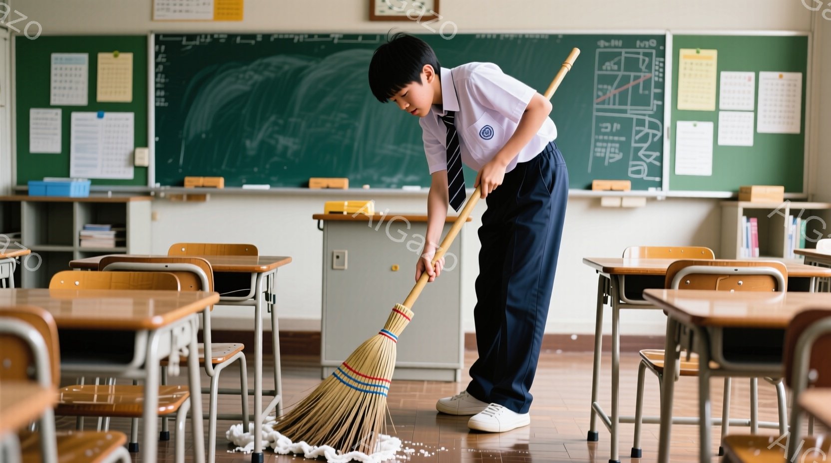 制服を着た少年が教室でほうきで掃き掃除をしている。紺色のズボンと白のシャツにネクタイを締め、スニーカーを履いている。教室の黒板には絵が描かれており、机と椅子が整然と並んでいる。