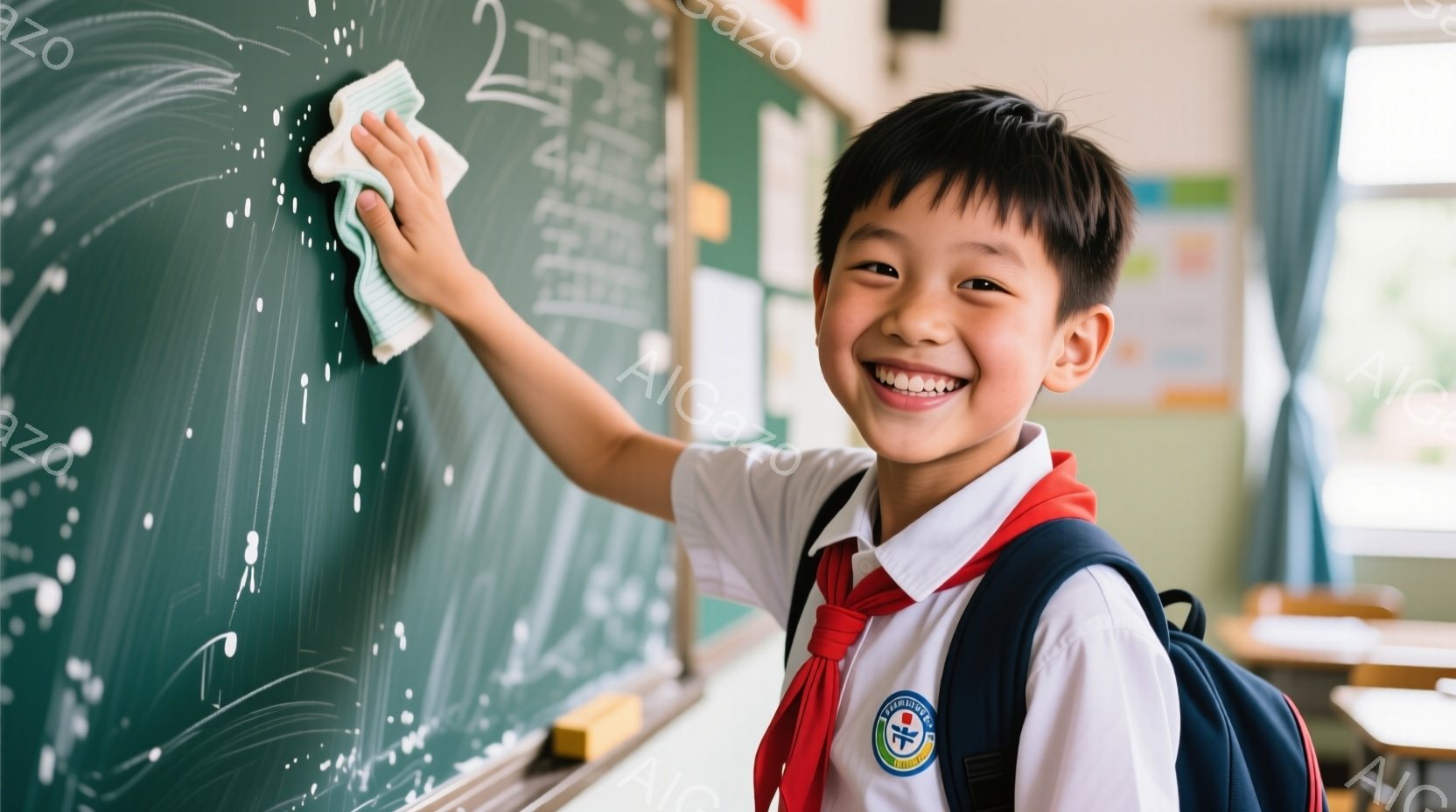 制服を着た少年が黒板を拭いています。彼は明るい笑顔で、少し上を見上げています。背景には教室の机と椅子が見え、窓からは光が差し込んでいます。