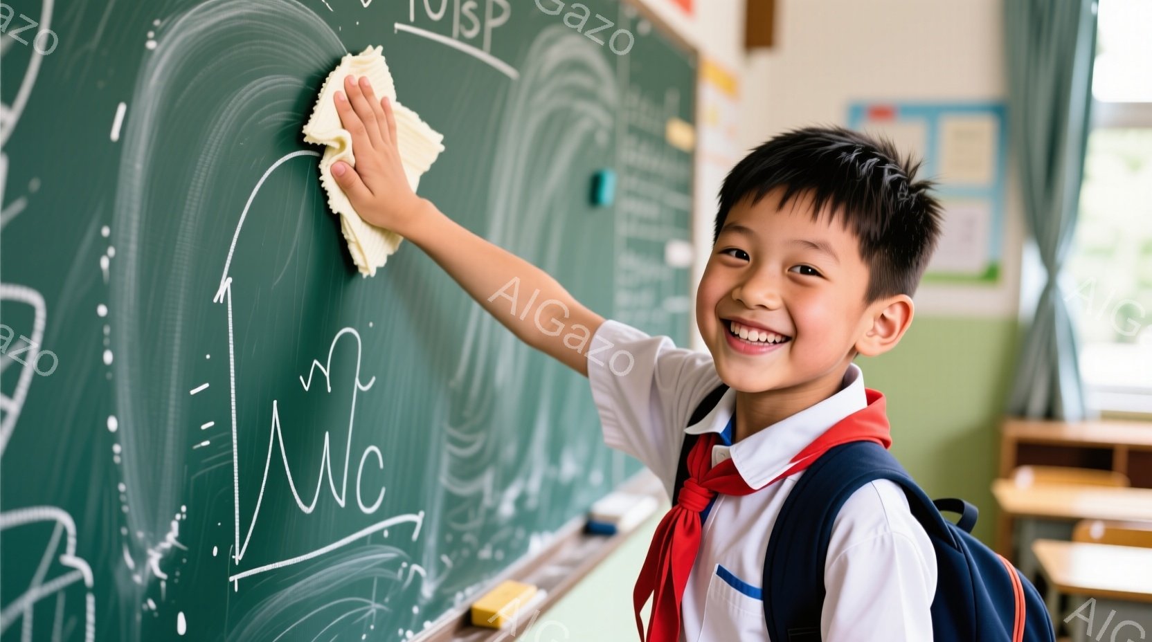 少年は、学校の黒板の前で笑顔で雑巾がけをしている。制服は白シャツに赤いネクタイ、紺色のズボンで、肩にはリュックサックを背負っている。背景には教室の机と椅子が見え、明るく清潔な雰囲気で、少年は学校生活を楽しんでいるようだ。
