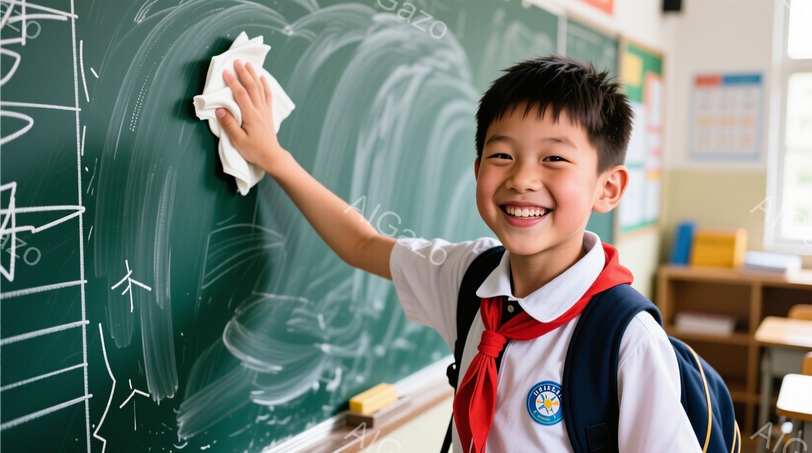 男の子は、黒板の前で笑顔でチョークを拭いています。彼は白いシャツに赤いネクタイとスカーフ、そしてリュックサックを背負っており、髪は短く整えられています。背景には教室の机や棚が見え、明るく活気のある雰囲気です。