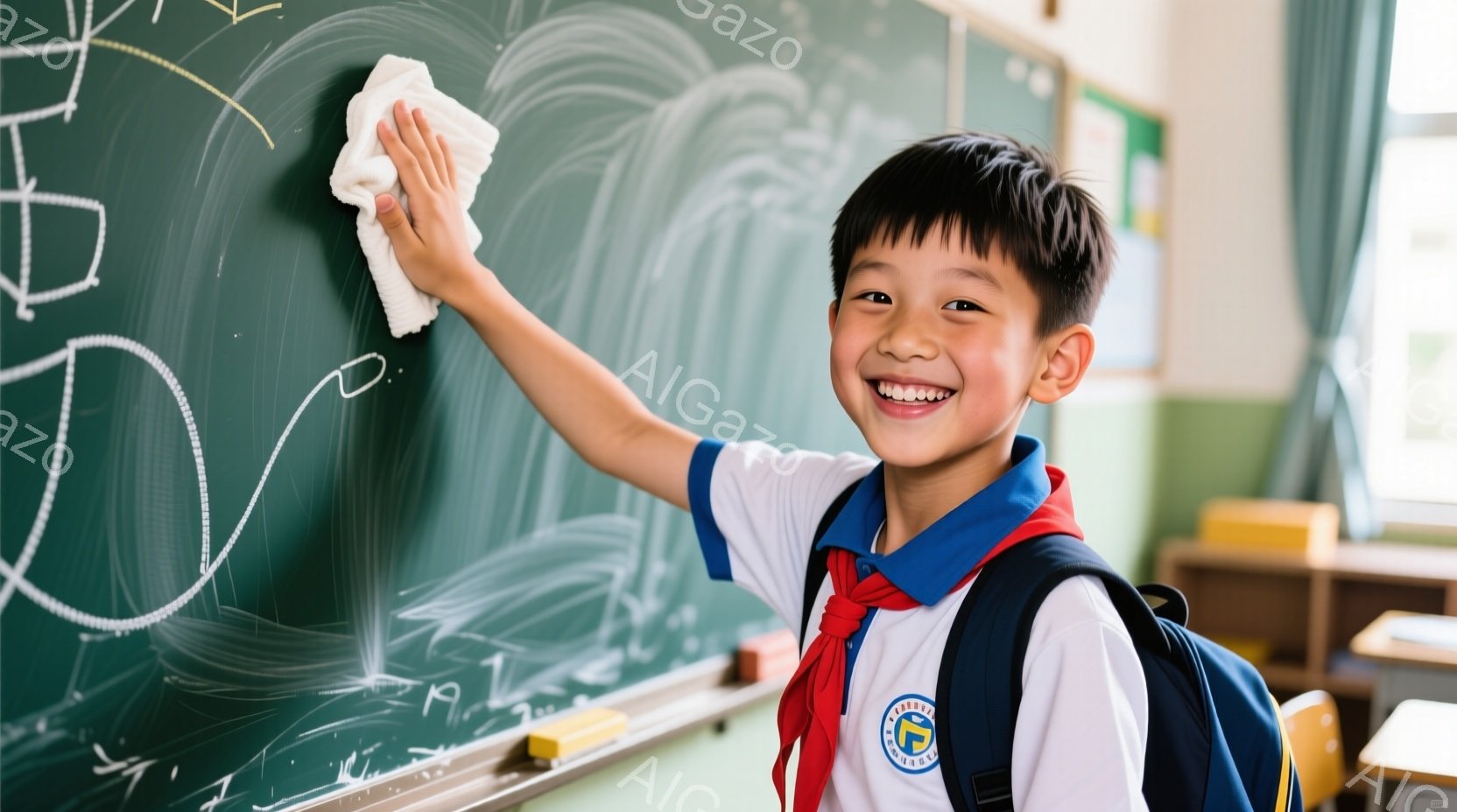 制服を着た男の子が、黒板を拭いています。彼は明るい笑顔で、少し上を見上げています。背景には教室の机や椅子が見え、活気のある学校の雰囲気が伝わってきます。