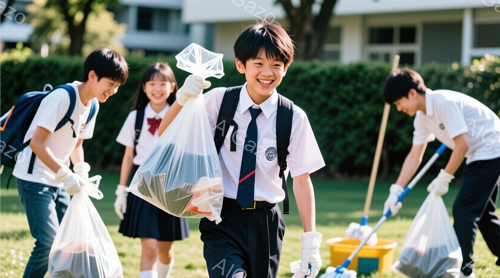 制服を着た中学生のグループが、公園で清掃活動を行っている様子が写っています。一人の少年はゴミ袋いっぱいのゴミを持ち、満面の笑みを浮かべています。背景には緑豊かな木々や建物が見え、晴れた日の暖かい雰囲気が伝わってきます。