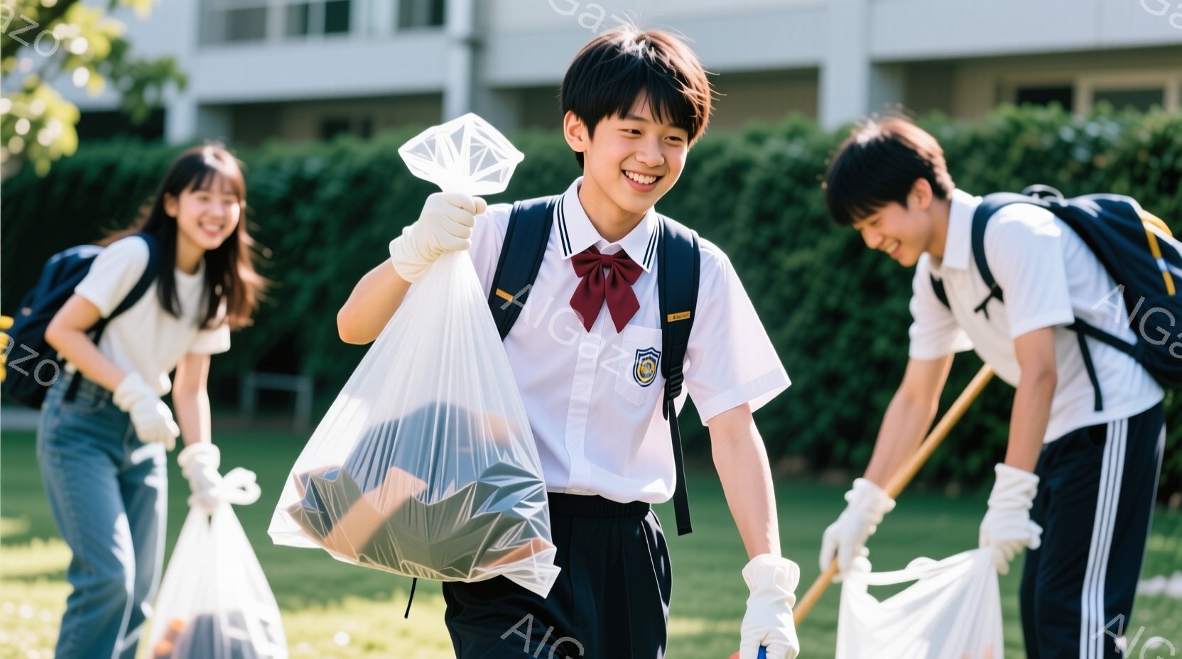 制服を着た少年がゴミ袋を抱えて笑顔でカメラに向かって歩いてきている。彼は黒髪で、白いシャツに紺色のブレザー、赤いネクタイを締めている。背景には緑の芝生と建物が見え、晴れた日の清掃活動をしている様子が伺える。