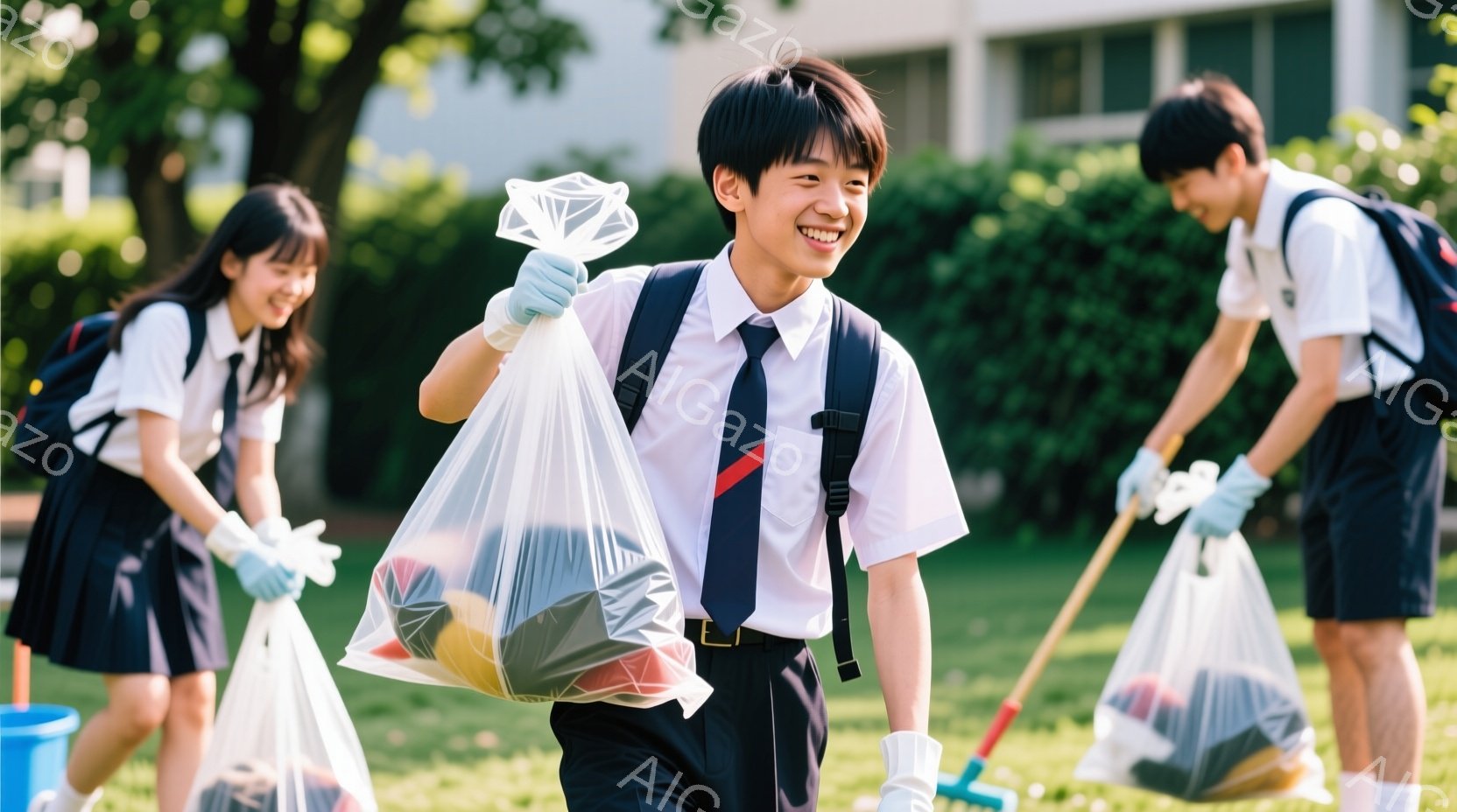 制服を着た高校生たちが、公園で清掃活動をしている様子が写っている。一人の少年は、ゴミ袋いっぱいのゴミを抱え、笑顔でこちらを見ている。背景には緑豊かな木々と建物が見え、晴れた日の穏やかな雰囲気が感じられる。