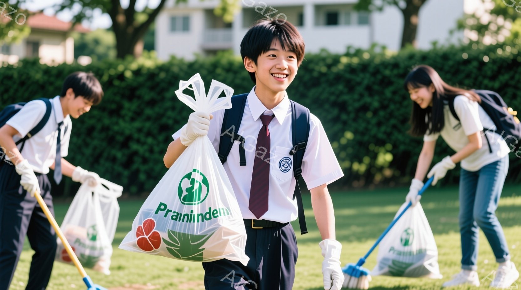 制服を着た男子生徒が、ゴミ袋を持って正面を見つめて笑顔を浮かべている。背景には、緑豊かな木々と建物が見え、晴天の下で清掃活動を行っている様子が伺える。全体的に明るく、活気のある雰囲気で、ボランティア活動や環境保護のイメージを伝えている。