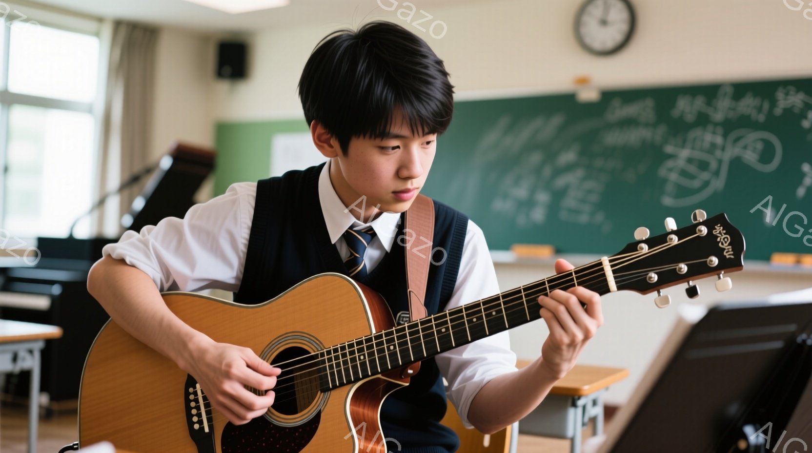 少年は教室でアコースティックギターを演奏している。彼は白いシャツに紺色のベスト、ネクタイ姿で、真剣な表情でギターの弦を押さえている。背景には黒板と机があり、学校の教室であることがわかる。 - AI生成フリー素材