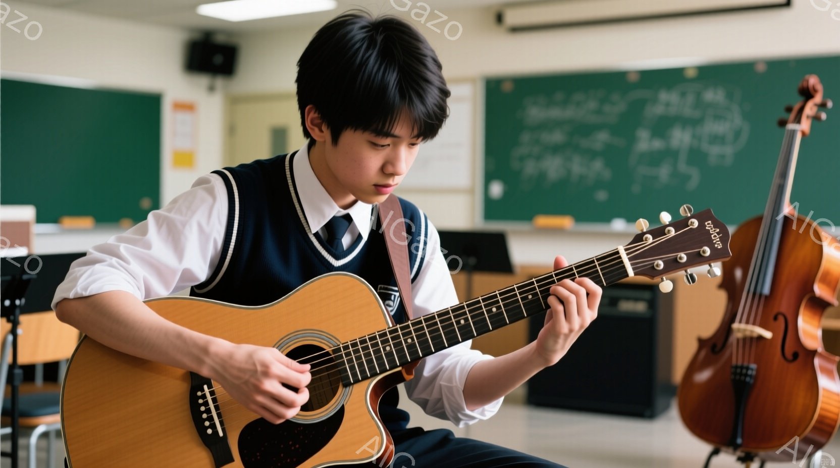 制服を着た少年がギターを演奏している様子が写っています。少年は濃い茶色の髪で、前髪が少し目にかかる程度に整えられています。背景には黒板とバイオリンが写っており、学校の音楽室のような雰囲気で、集中して演 - AI生成フリー素材