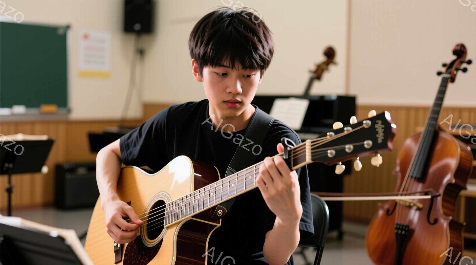 若い男性がアコースティックギターを演奏している様子が写っている。彼は黒いTシャツを着ており、前髪を下ろした暗い髪をしている。背景にはバイオリンや譜面台があり、音楽教室のような室内であることがわかる。