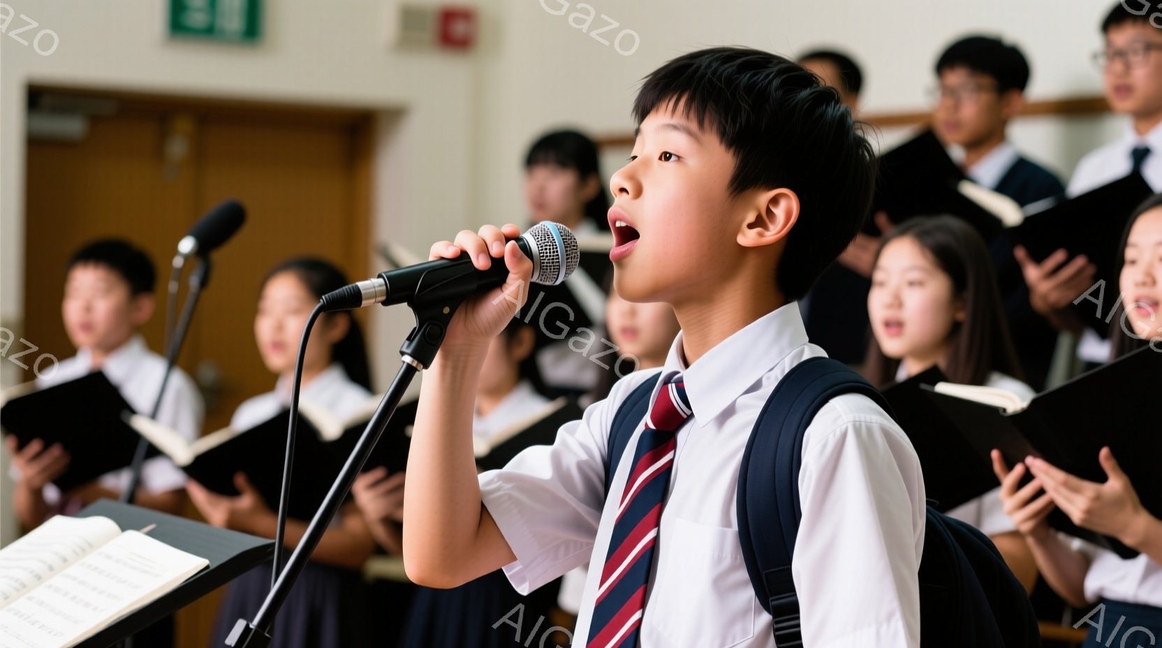 制服を着た少年がマイクロフォンに向かって歌っている様子が写っている。彼は短髪で、真剣な表情で歌い、片手に歌詞が書かれたスタンドが見える。背景には他の生徒たちが同じように制服を着て歌っている姿があり、合唱の練習風景であることがわかる。