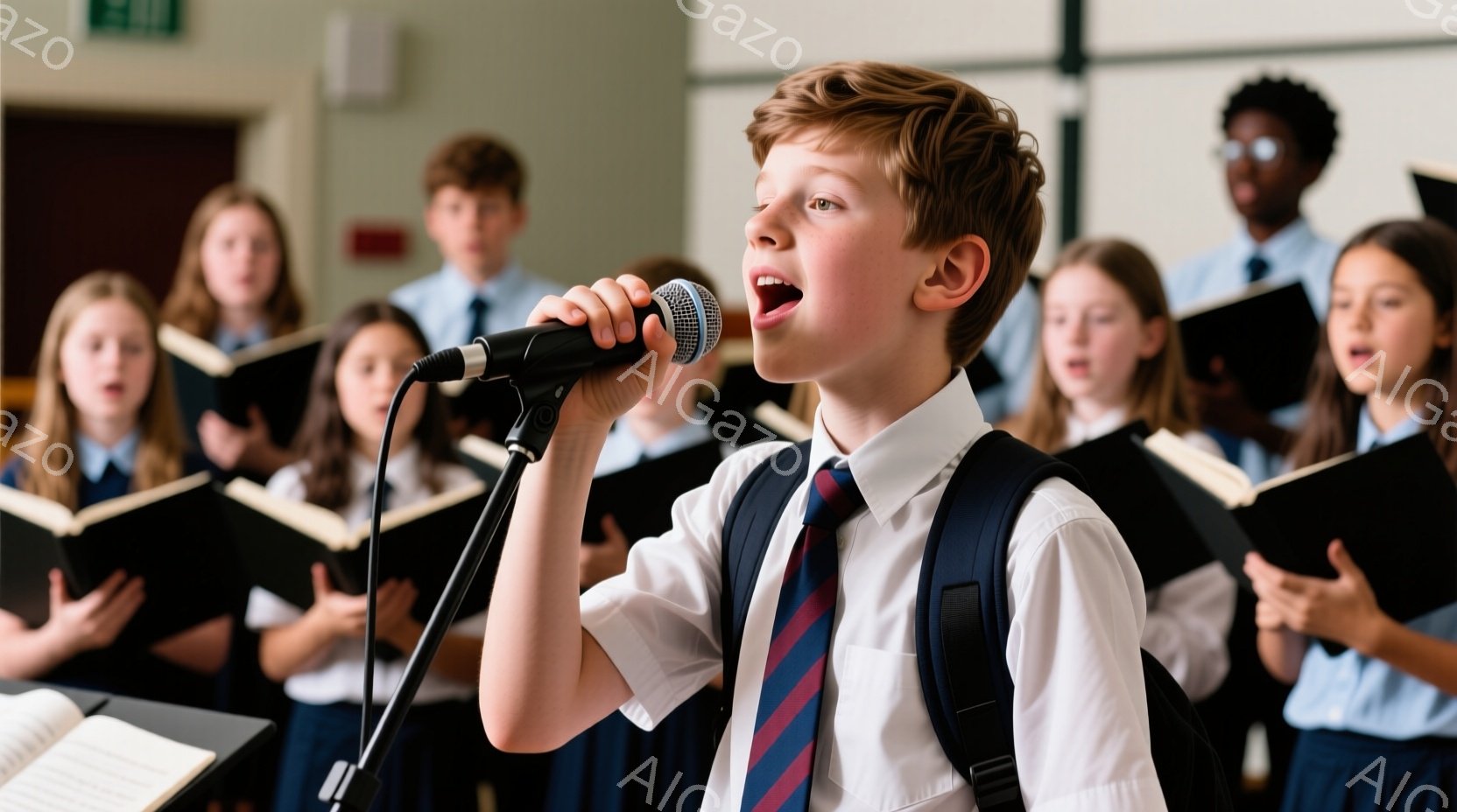 赤毛の少年がマイクに向かって歌っており、口を大きく開けている。彼は白いシャツ、ネクタイ、ブレザーを着ており、肩にリュックサックを背負っている。背景には、楽譜を持って歌う他の子供たちがぼやけており、コンサートや合唱団の練習のような、音楽的な雰囲気を感じさせる。