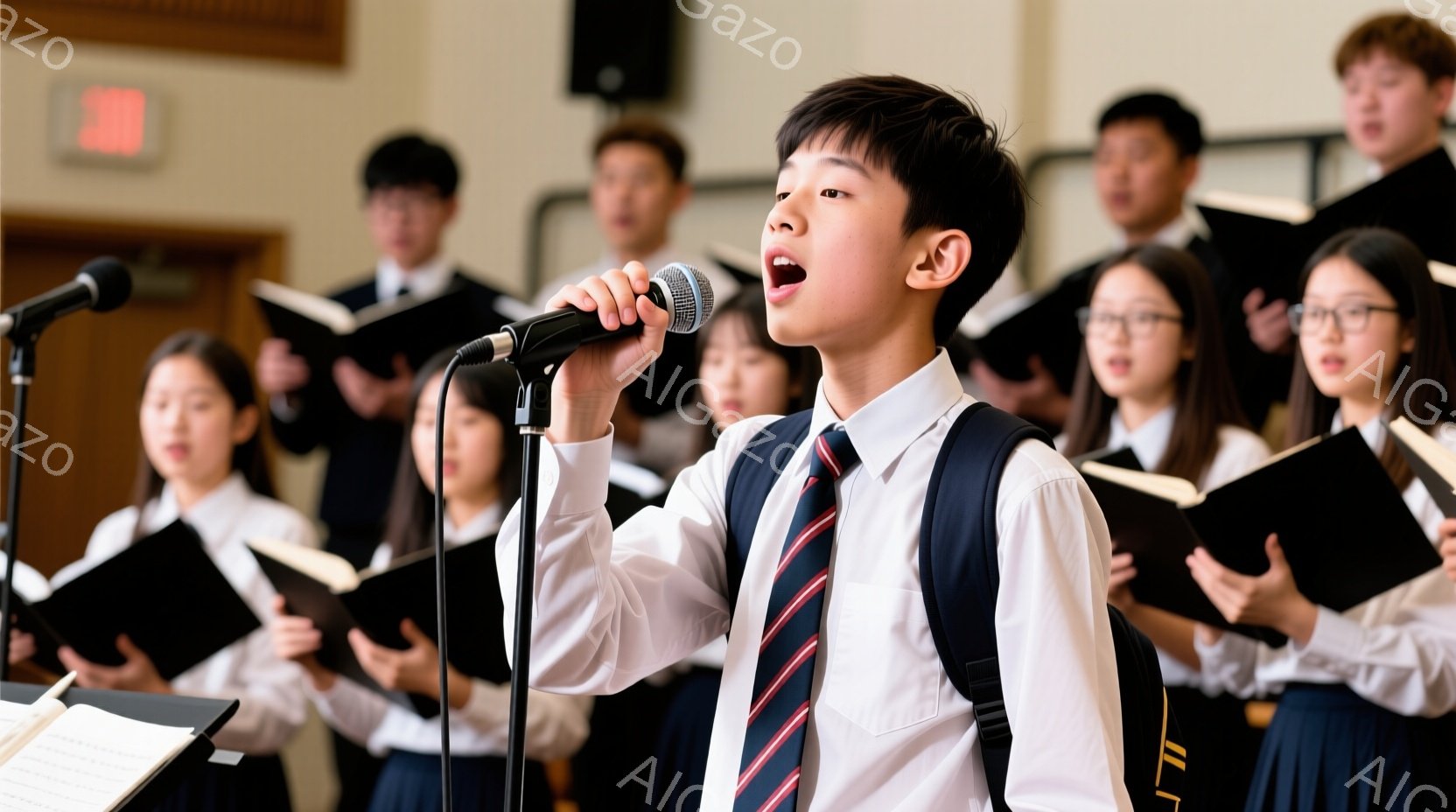 少年がマイクに向かって歌っており、真剣な表情を浮かべている。彼は白いシャツにネクタイ、ブレザーを着ており、背景には楽譜を持って歌う生徒たちが並んでいる。室内には暖かな光が差し込み、合唱団の練習風景を捉 - AI生成フリー素材