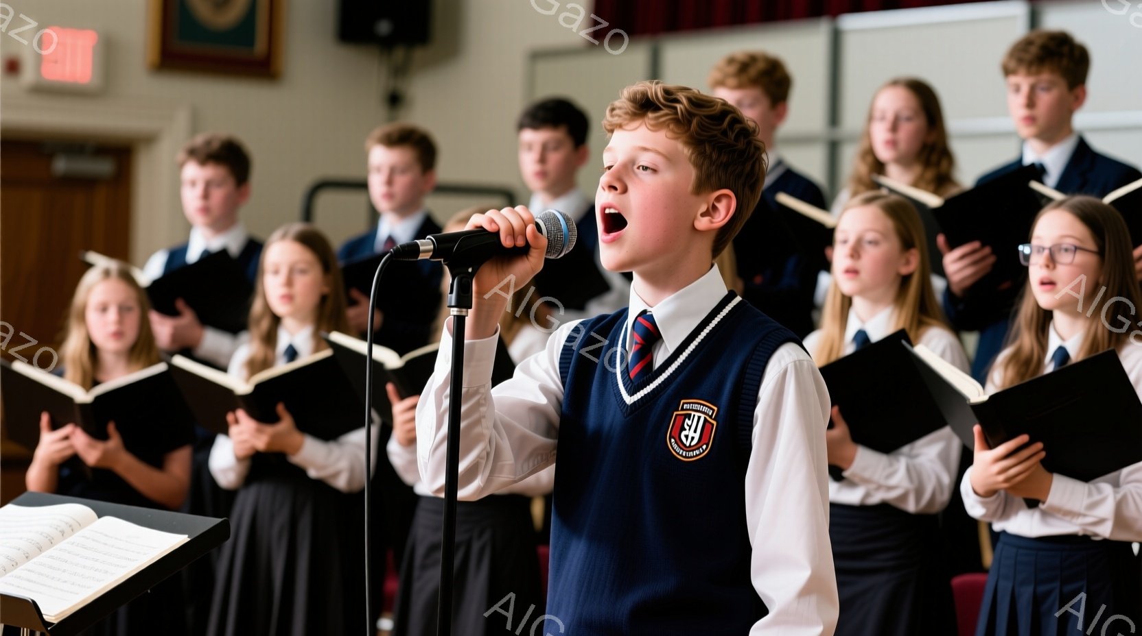 男子がマイクに向かって歌っており、熱心な表情をしている。他の生徒たちは楽譜を持っており、背景で歌っているように見える。会場は学校のような場所で、壁に絵が飾られている、全体的に真剣で活気のある雰囲気であ - AI生成フリー素材
