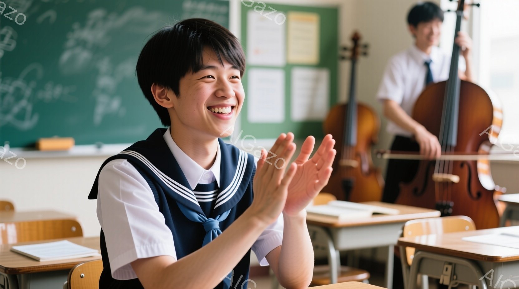紺色のセーラー服を着た女子生徒が、満面の笑みで手を叩いています。彼女は短髪で、明るい表情で教室の前に座っており、喜びや興奮を表現しています。背景には、他の生徒とコントラバスがあり、教室の様子が窺えます。