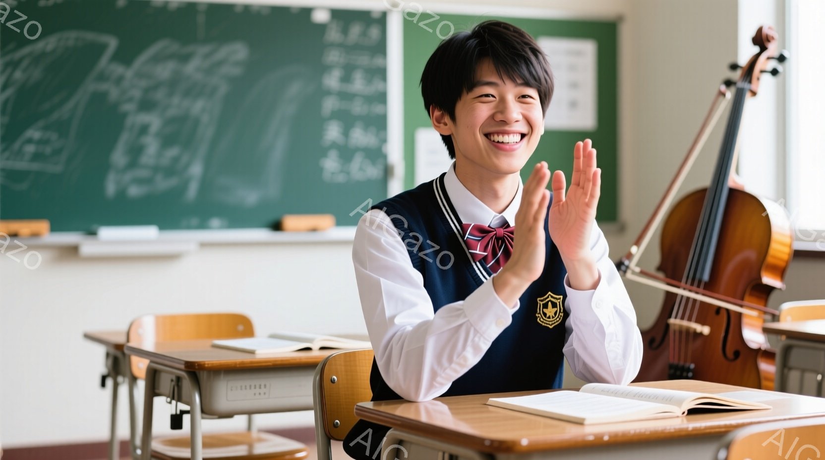 制服を着た少年が教室で拍手をしています。彼は紺色のセーターベストと白いシャツ、赤いネクタイを着用し、短く整えられた黒髪で、満面の笑みを浮かべています。背景には、木製の机と椅子、そしてコントラバスが写っ - AI生成フリー素材