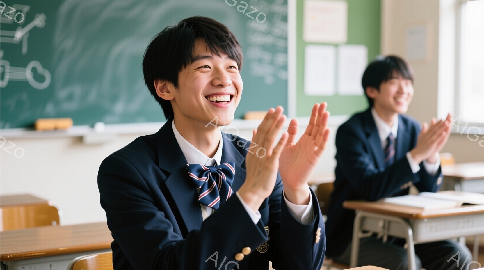 制服を着た男子学生が、両手を叩いて喜んでいます。彼は明るい笑顔で、少し前かがみの姿勢で、興奮している様子が伝わってきます。教室の奥には、同じ制服を着た別の男子学生が、同じように手を叩いており、教室全体 - AI生成フリー素材