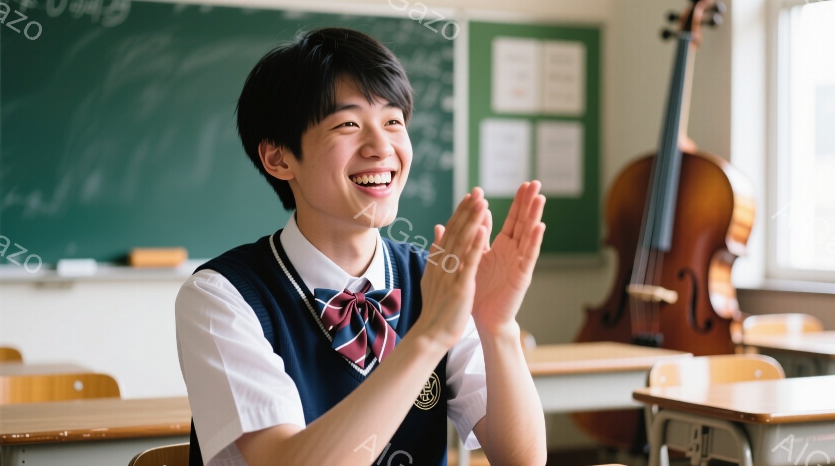少年は、学校の教室で拍手をしています。彼は紺色のベスト、白いシャツ、そして赤いネクタイを身につけており、満面の笑みを浮かべています。背景には木製の椅子と机、そしてバイオリンが立っており、明るく活気のある雰囲気です。