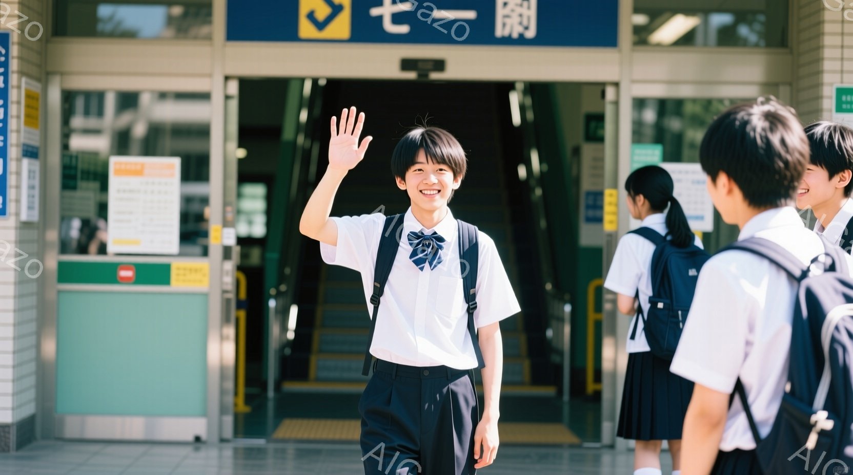 制服を着た男子高校生が、正面を向いて笑顔で手を振っています。彼は短髪で、ネクタイとスラックス、白いシャツという服装です。背景には、駅の入り口らしき場所と、制服を着た他の生徒たちが少し見えており、明るく爽やかな雰囲気です。