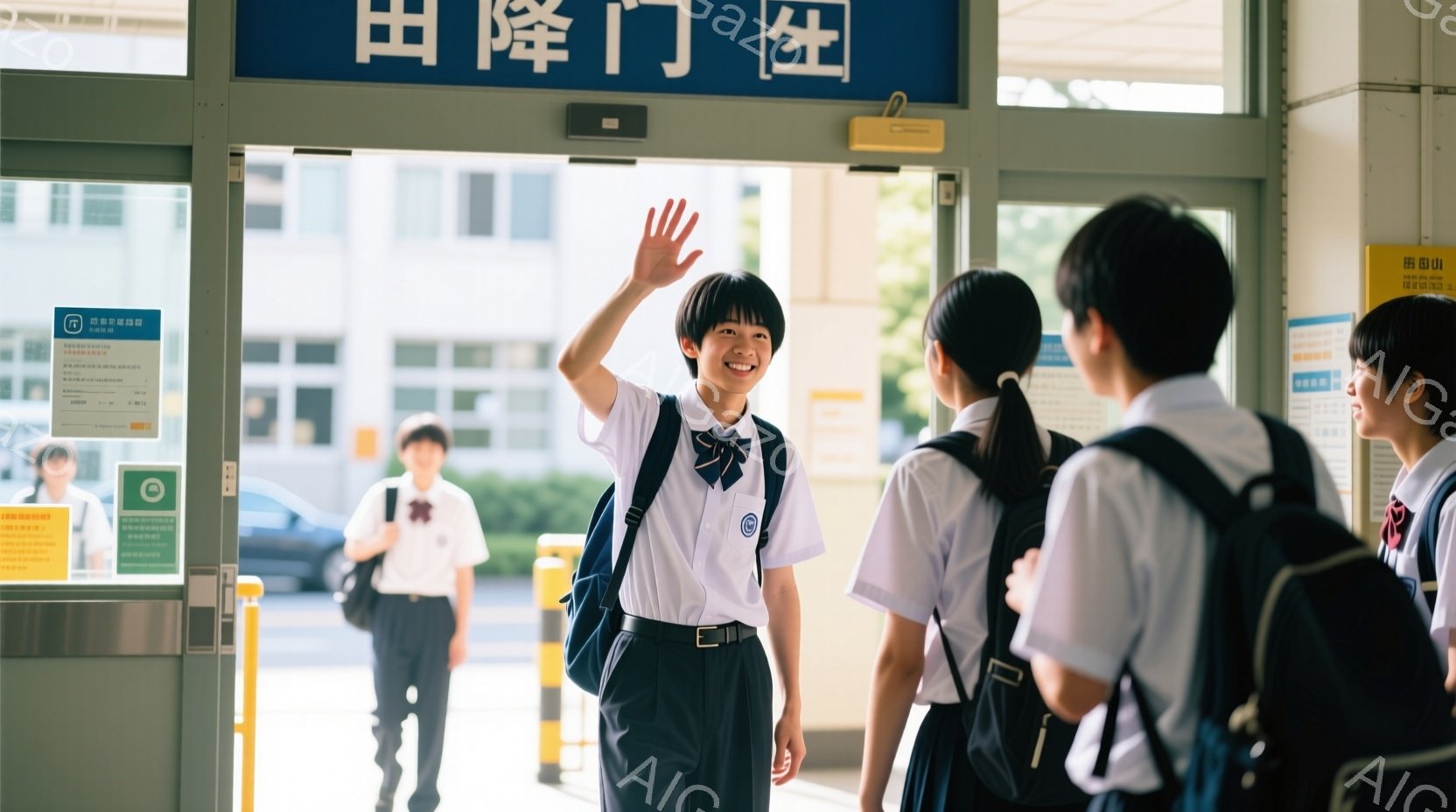 制服を着た男子生徒が、改札口で手を振って笑顔を見せています。彼は紺色のブレザーに白いシャツ、ネクタイを締め、リュックサックを背負っています。背景には他の制服姿の生徒や改札、そして少し見える建物や空があり、晴れた日の学校の風景を表しています。