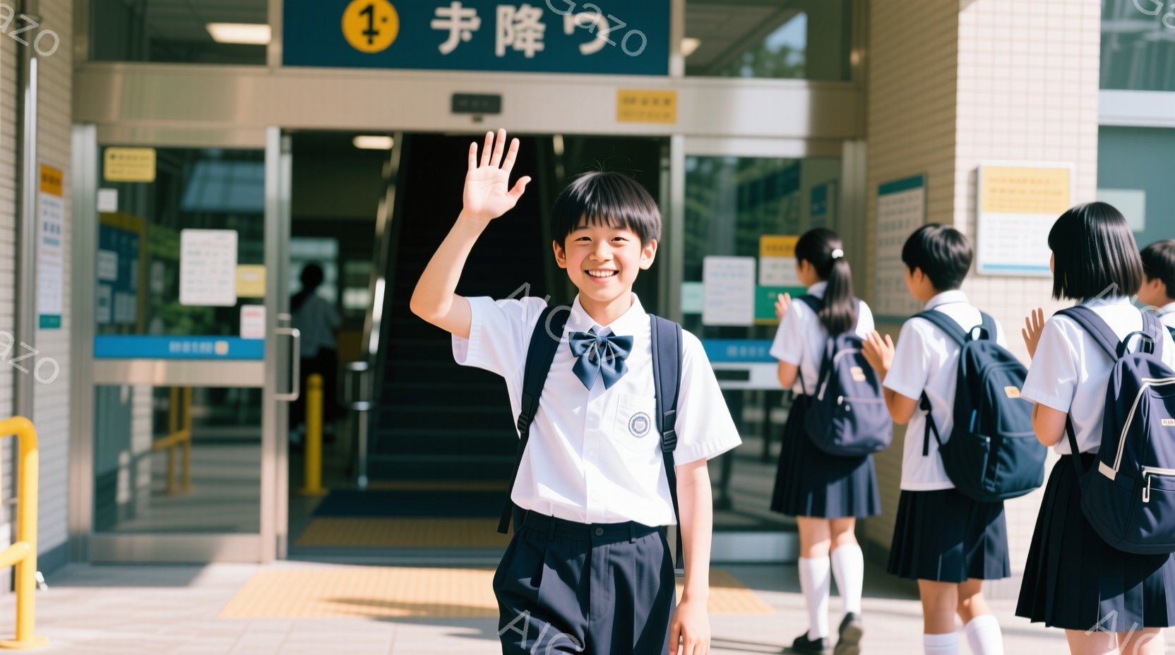 制服を着た男の子が正面を向いて手を振っています。彼は白いシャツにネクタイ、濃い青色のズボン、そして黒い靴を履いています。背景には、他の制服を着た生徒たちが並んでおり、入り口の標識には「１」と書かれた文字が見えます。