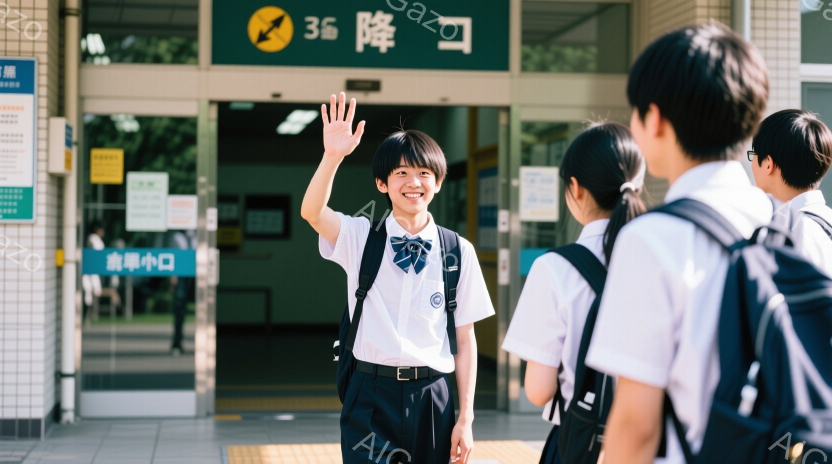 制服を着た男子学生が、笑顔で手を振っています。彼は短髪で、ネクタイとサスペンダーを着用し、背景には学校の入り口と緑豊かな木々が見えます。晴れた日差しが差し込み、明るく希望に満ちた雰囲気が漂っています。
