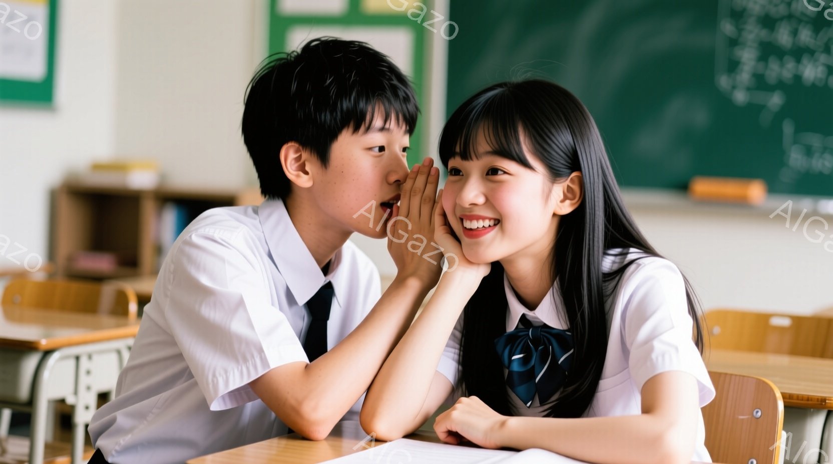 制服を着た少年と少女が教室で親しげに話しています。少年は少女に耳打ちをしており、少女は嬉しそうに微笑んでいます。背景には机や椅子が並び、黒板が確認できます。 - AI生成フリー素材