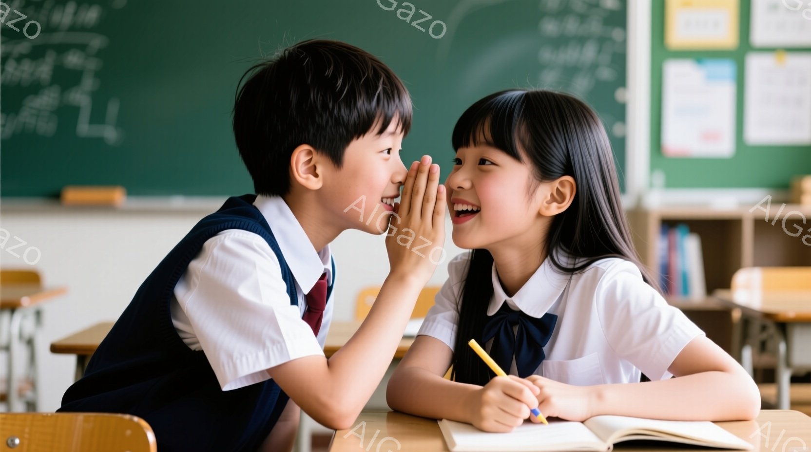 制服を着た少年と少女が教室で向かい合って座り、少年が少女に何かを耳打ちしている様子が描かれています。少年は短い髪で笑顔を見せ、少女は黒いリボンで髪を結い、嬉しそうに微笑んでいます。背景には木製の机と椅 - AI生成フリー素材