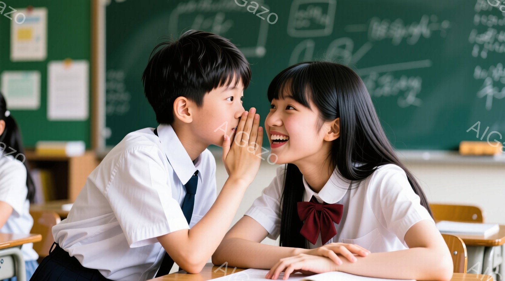 教室の中で、制服を着た男の子と女の子が向かい合って座っており、男の子が女の子に何かを耳打ちしている様子です。男の子は短い黒髪で、女の子は長い黒髪に赤いリボンをつけており、どちらも笑顔で楽しそうにしています。背景には他の生徒の姿や黒板が見え、明るく活気のある学校の雰囲気が伝わってきます。