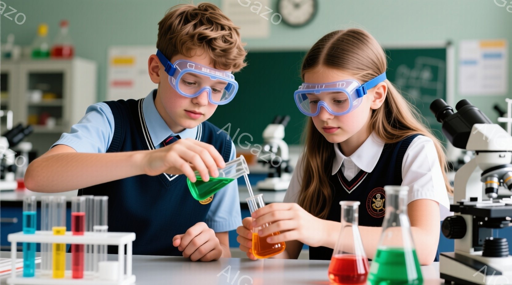 少年と少女は実験室で科学実験を行っており、保護メガネをかけて青い制服を着ています。少年は緑色の液体をフラスコに注いでおり、少女はオレンジ色の液体が入ったフラスコを見つめています。背景には試験管立てや顕微鏡があり、実験室の様子がわかります。
