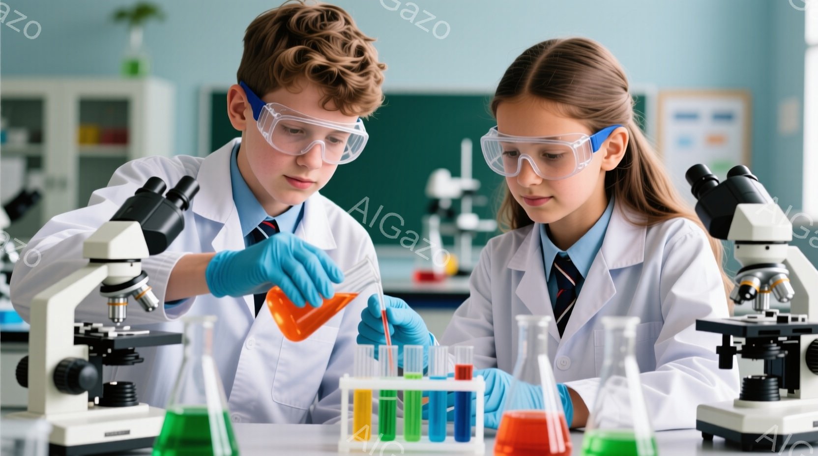 少年と少女が実験室で科学実験を行っている様子が描かれています。二人は白衣と手袋を着用し、ゴーグルをかけて安全に配慮しています。背景には顕微鏡や試験管が並び、科学的な探求心と集中力を感じさせる雰囲気です。