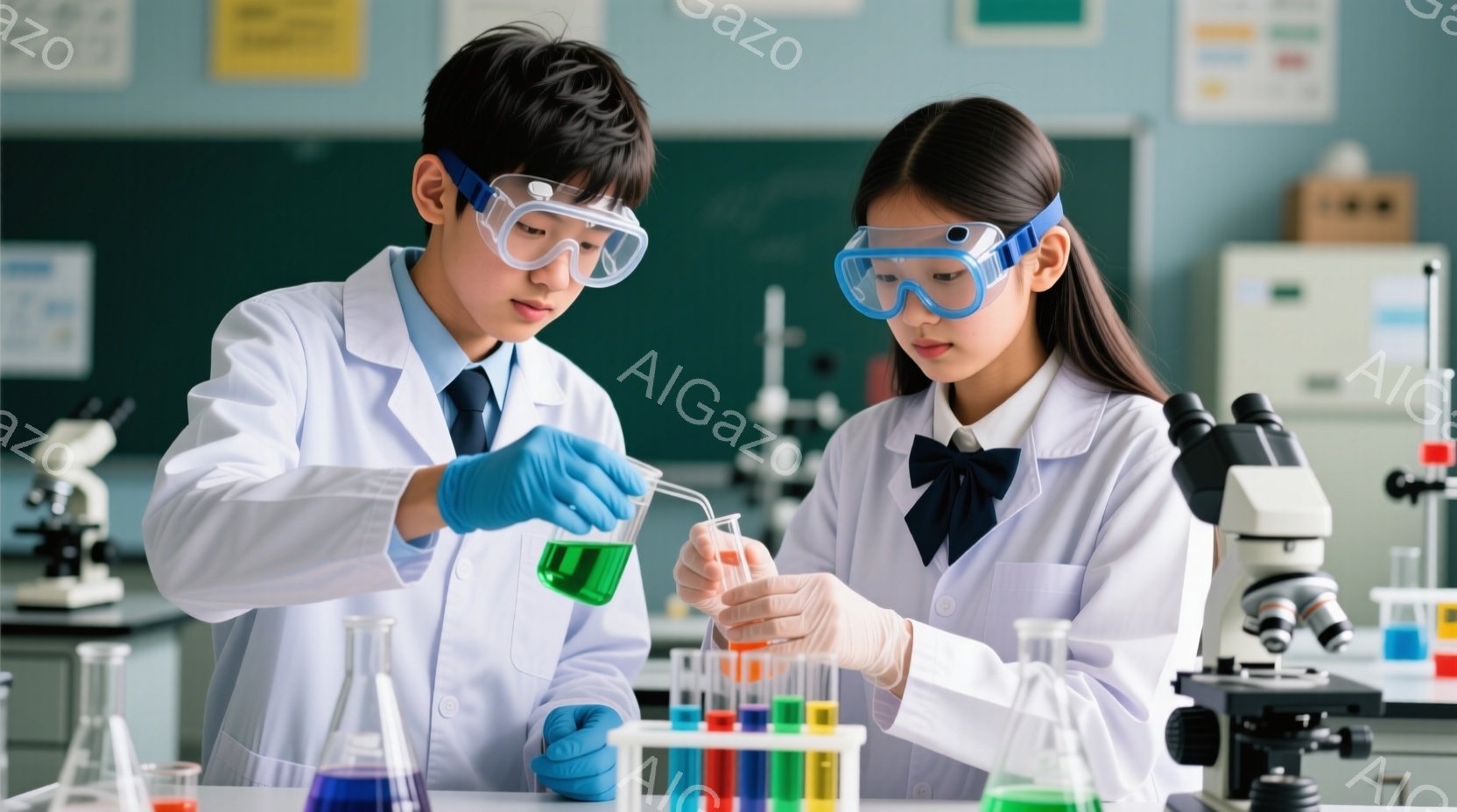 白衣を着た若い男女が実験を行っている様子が描かれています。少年は黒髪で、ゴーグルと手袋を着用し、ビーカーから試験管に緑色の液体を移し替えています。少女も同様にゴーグルと手袋を着用し、別の試験管に注意深く何かを垂らしています。背景には実験器具や試験管立てが見え、科学教室のような環境であることがわかります。