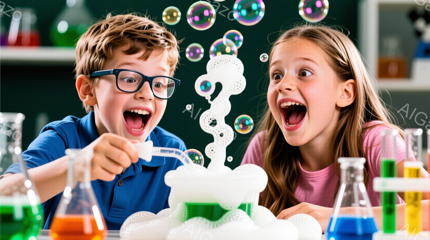 少年と少女が実験の最中に興奮した表情で写っています。少年は青いシャツに眼鏡をかけ、少女はピンク色のシャツを着ており、どちらも口を開けて驚いている様子です。背景には様々な色の液体が入ったフラスコが並び、泡が立ち上る実験装置が印象的で、科学への好奇心を掻き立てる雰囲気です。