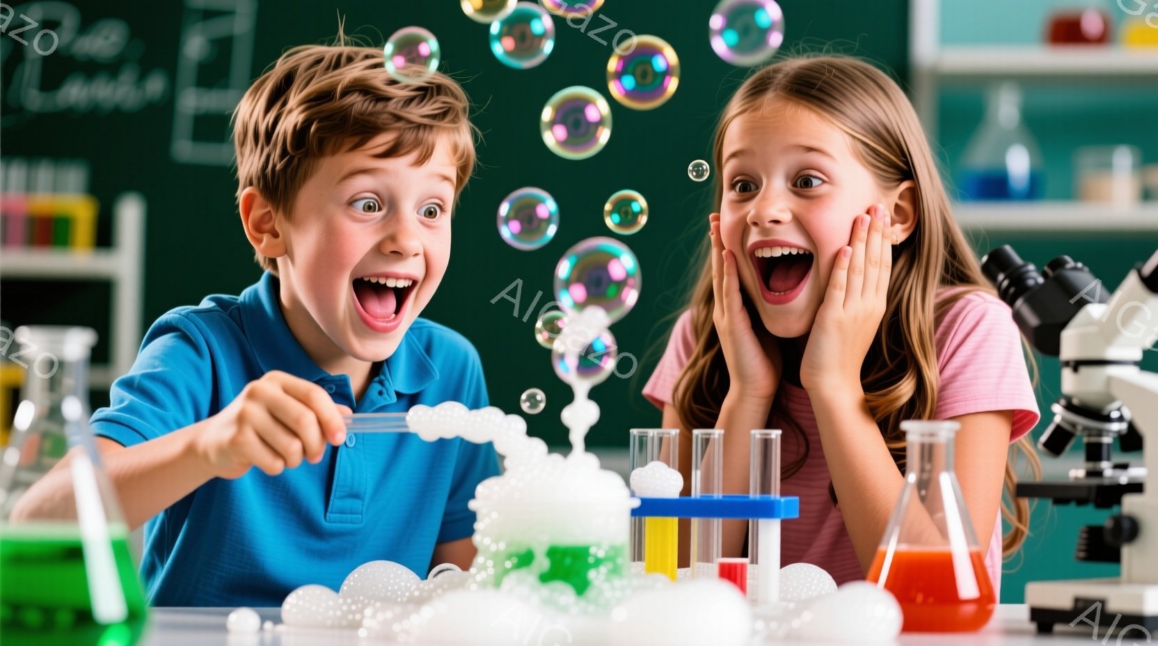 少年と少女は実験に夢中で、驚いた表情で口を開けています。少年は青いポロシャツを着ており、少女はピンクのTシャツを着ており、共に髪を少し乱しています。背景には実験器具やカラフルな液体が入った試験管が並び、実験室のような環境で、泡が飛び散る様子から実験が成功したか、または予期せぬ反応が起きたかのどちらかであることがうかがえます。