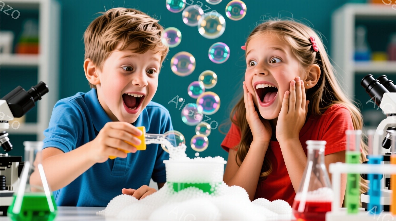 少年と少女は、実験で泡が吹き出した様子に驚き、満面の笑みを浮かべている。少年は青いTシャツを着ており、少女は赤いTシャツを着ている。背景には、様々なフラスコや実験器具が並び、実験室のような環境がうかがえる。