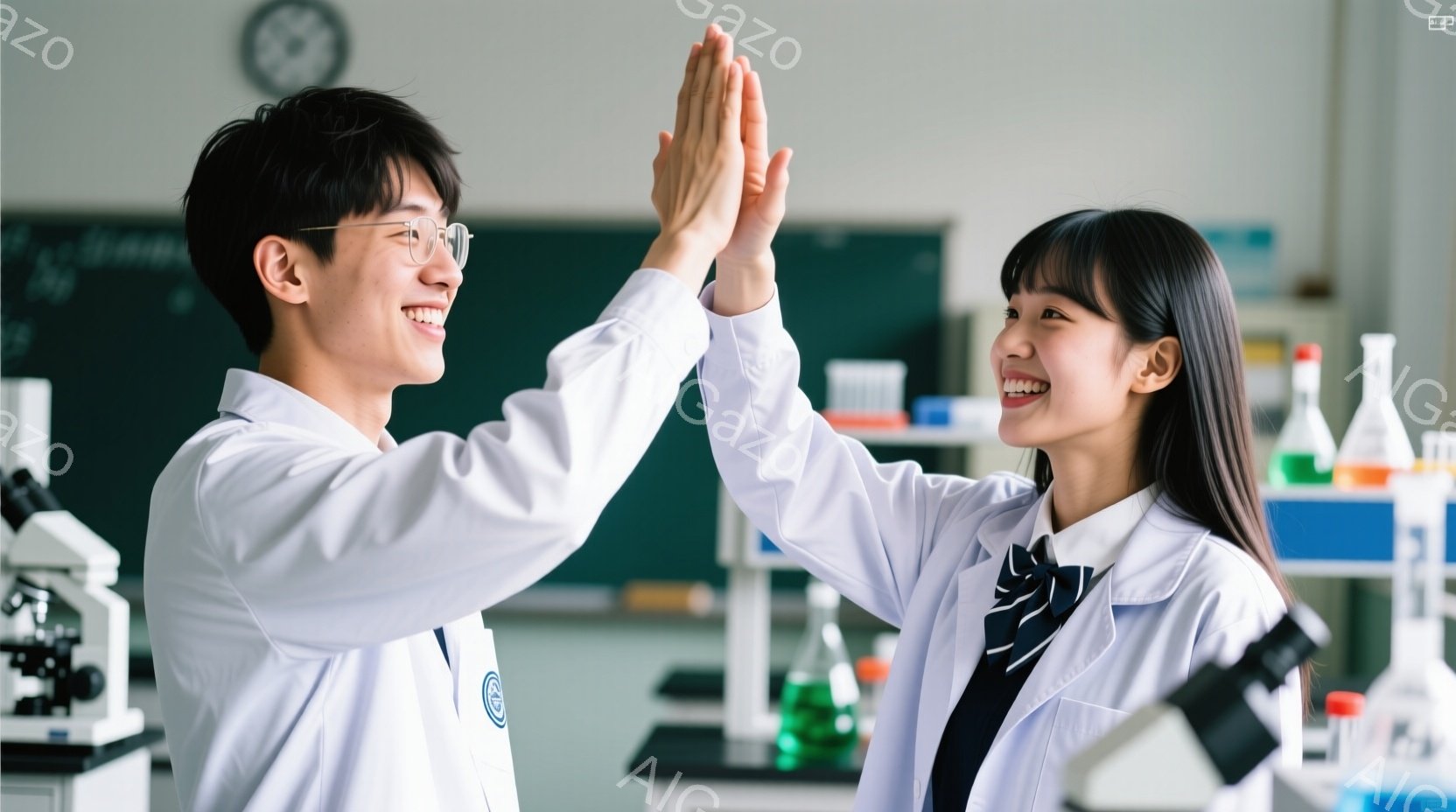 白衣を着た若い男女が、実験室でハイタッチをして喜んでいます。男性は黒縁の眼鏡をかけ、短髪で笑顔を見せており、女性はロングヘアで、同じように満面の笑みを浮かべています。背景には実験器具やビーカー、黒板が - AI生成フリー素材