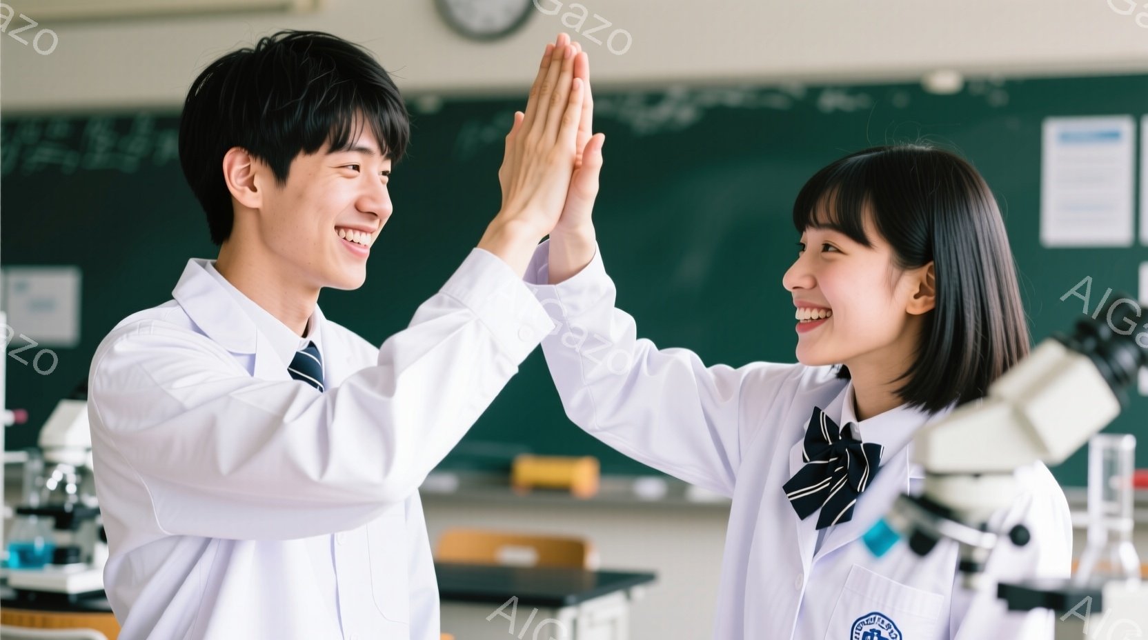 科学実験室で、制服を着た男女の学生がハイタッチをしています。男の子は黒髪で、笑顔を見せ、女の子は同じように笑顔で、黒いリボンで髪を結んでいます。背景には実験器具や黒板があり、明るく活気のある雰囲気です。