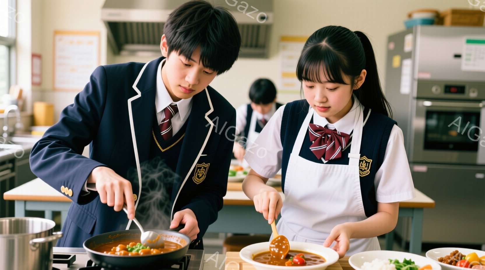 制服姿の男女の学生が調理実習を行っている様子が写っている。少年はフライパンを扱い、少女は皿にカレーを盛り付けている。背景には他の学生や調理器具、そして調理室の設備が見え、明るく活気のある雰囲気である。