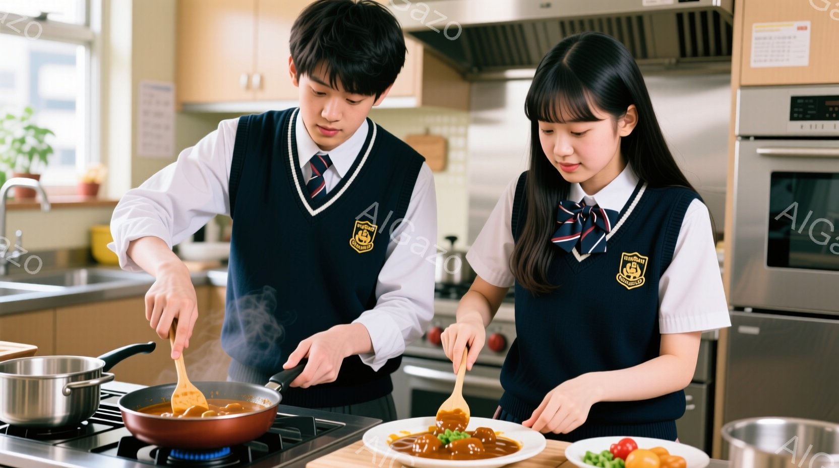 制服を着た少年と少女がキッチンで料理をしている様子が描かれています。少年はフライパンをかき混ぜており、少女は皿にカレーを盛り付けている。背景にはオーブンや冷蔵庫があり、明るく清潔な家庭的な雰囲気が漂っています。