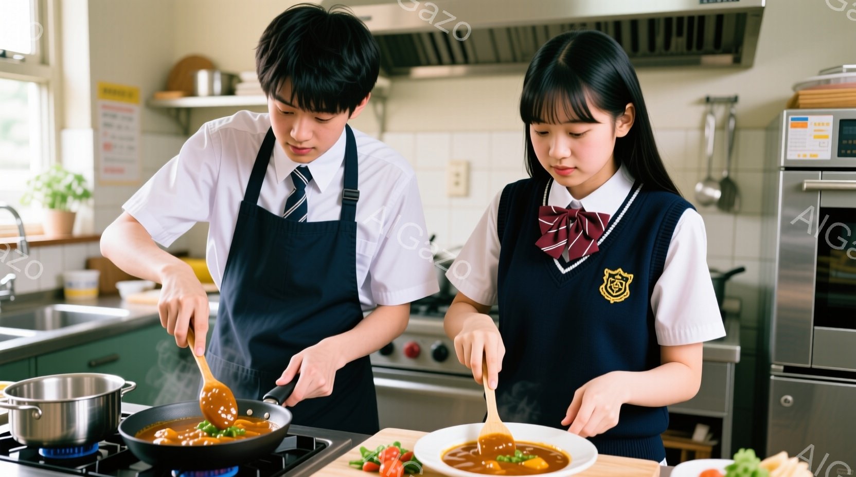 制服を着た男女がキッチンで料理をしている様子が描かれています。少年は前髪を下ろした黒髪で、フライパンの中身を木べらで混ぜています。少女はリボンをつけた黒髪で、お皿にカレーを盛り付けており、真剣な表情で - AI生成フリー素材